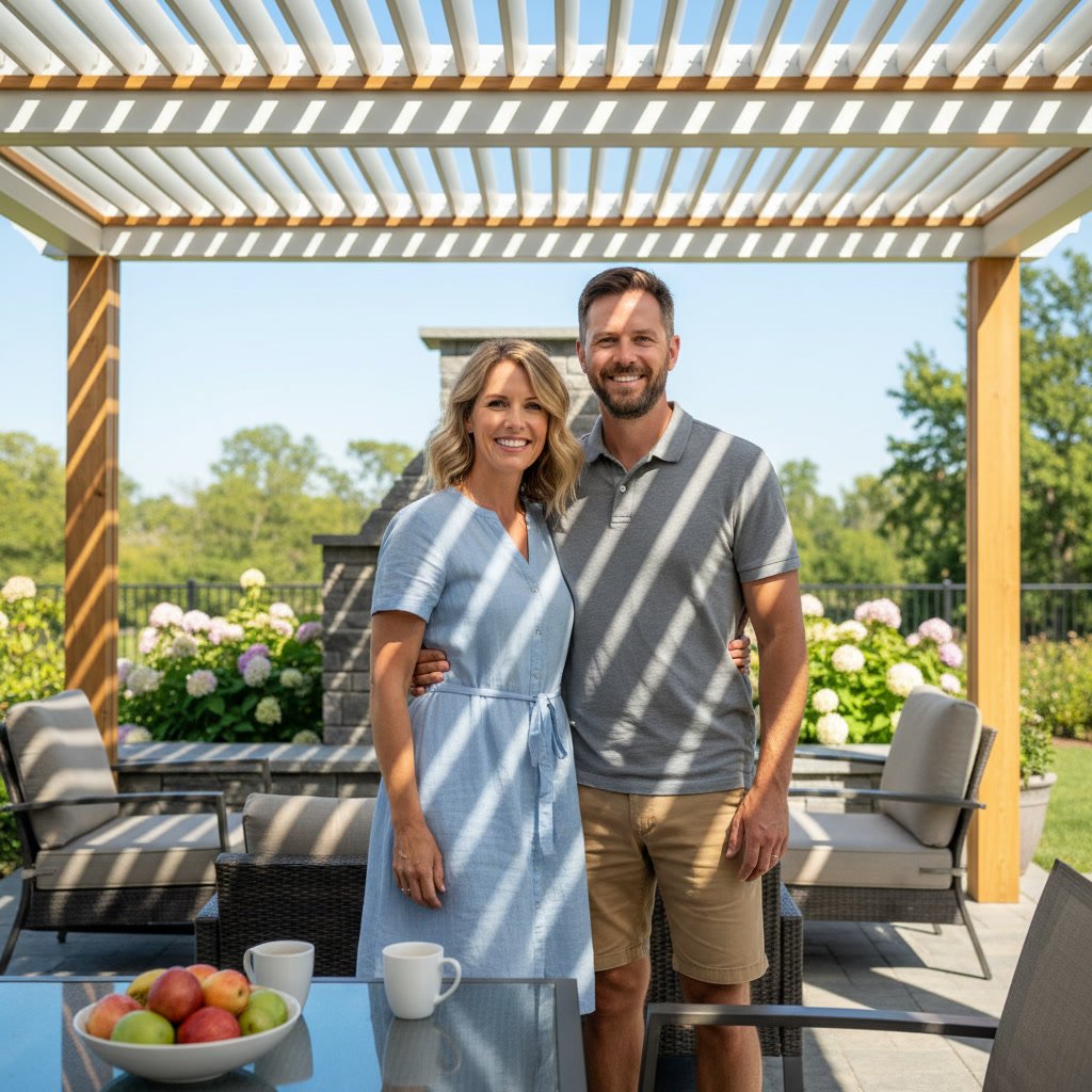 Striped fabric awning providing shade over residential patio in Grasonville MD