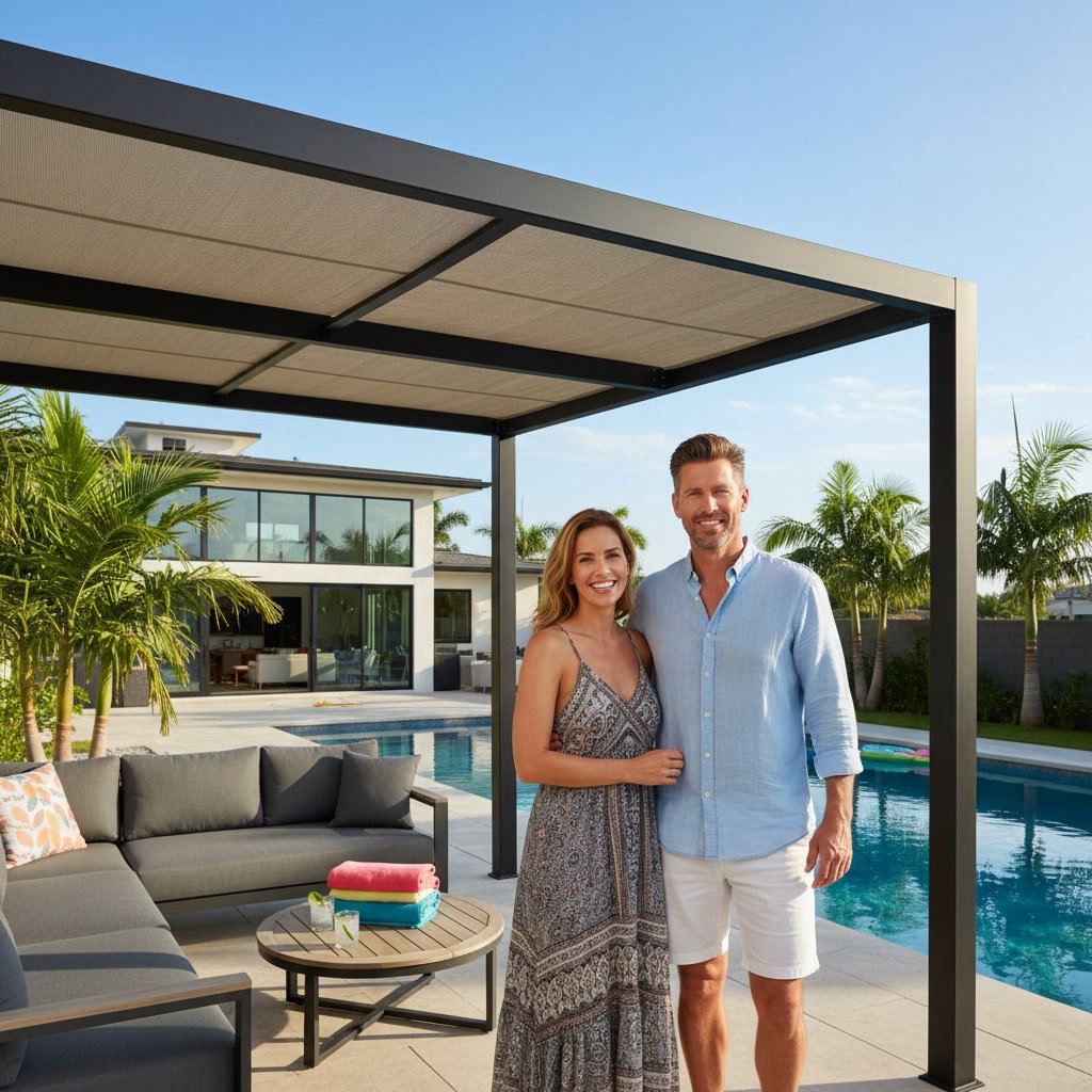 Installer mounting residential awning over patio in Stevensville home